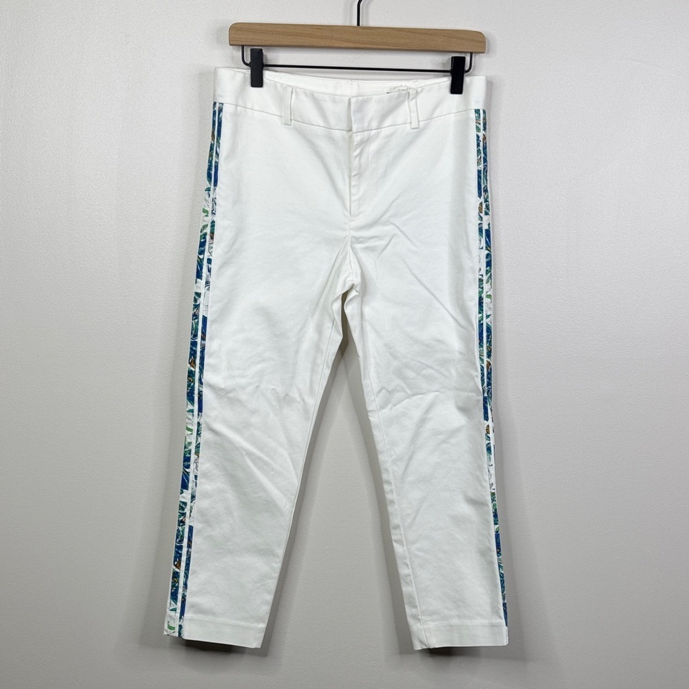 Club Monaco Women's White Pants Size 8 Blue Floral Side Stripe Cotton Blend Crop